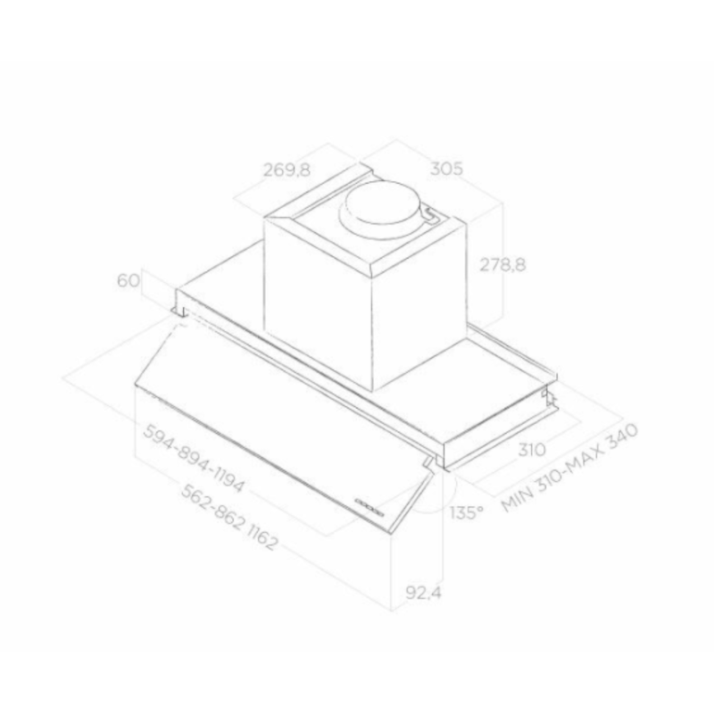 BOXIN NO DRIP IX/A/60 met 45° schuin geplaatste flap die stoom uit de buurt van kastdeuren houdt.