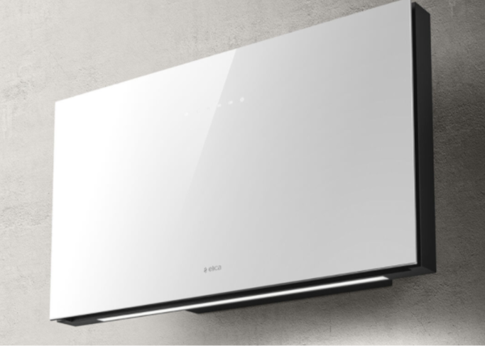 Elica PLAT WH/F/80 – Design wandafzuigkap in wit glas met aluminium profiel.