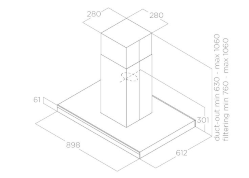 Onzichtbare touch-bediening van de ADELE IS BL MAT/A/90X60 eilandafzuigkap